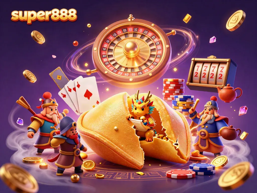 Raih keberuntungan dengan super888, ilustrasi kasino yang kaya detail dan berbagai elemen permainan.