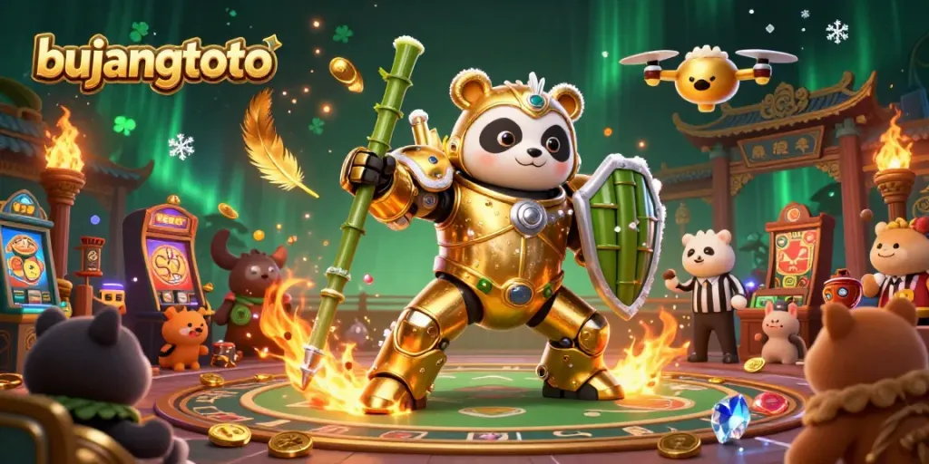 Engage with bujangtoto's thrilling casino showdown featuring a golden panda robot in a vibrant arena.