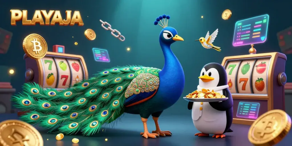 Experience the thrilling casino ambiance of PLAYAJA with vibrant slot reels and dazzling characters.