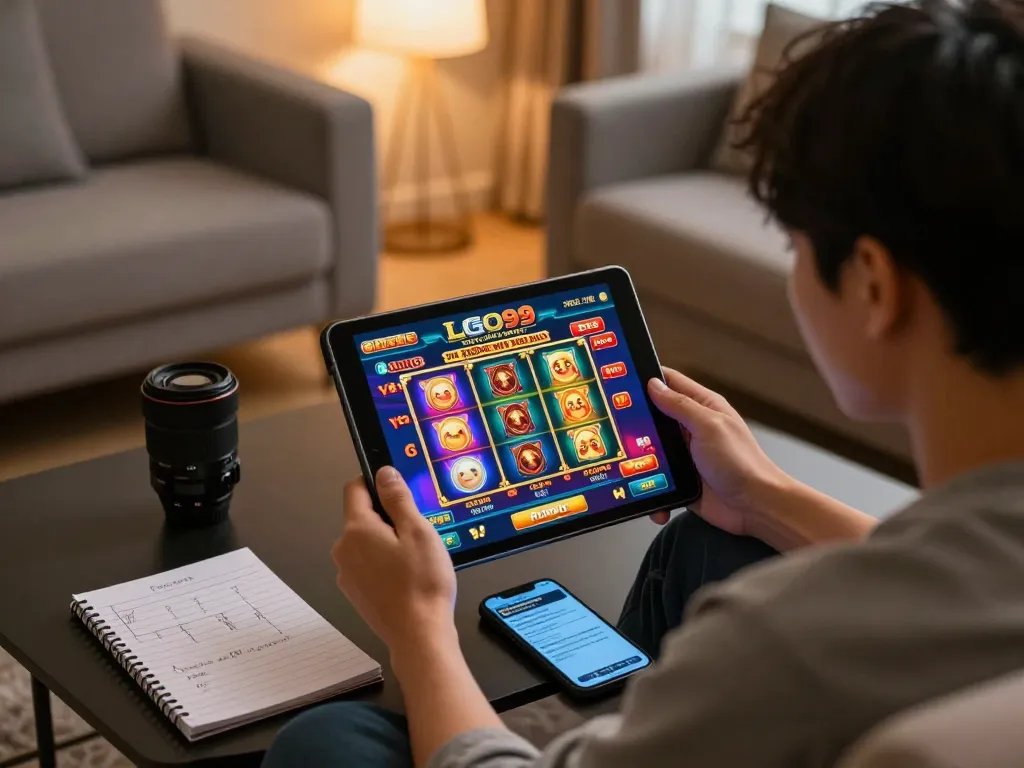 LGO99 Situs Game Online Terpercaya Di INDONESIA, enjoying a strategic online gaming session at home with a tablet.