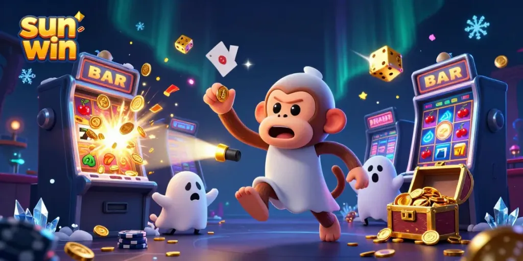 Experience the thrill of sun win at a vibrant casino with a playful monkey and ghost-hunter puppy.