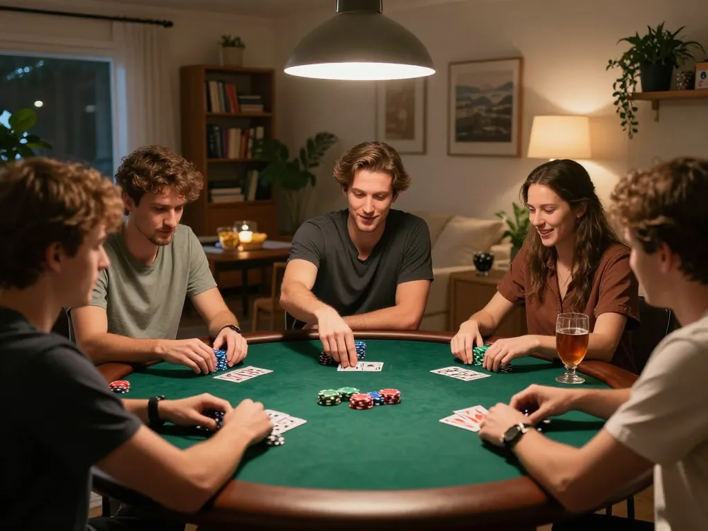 Players enjoying a thrilling game of poker at home, strategizing bets on toto slot.