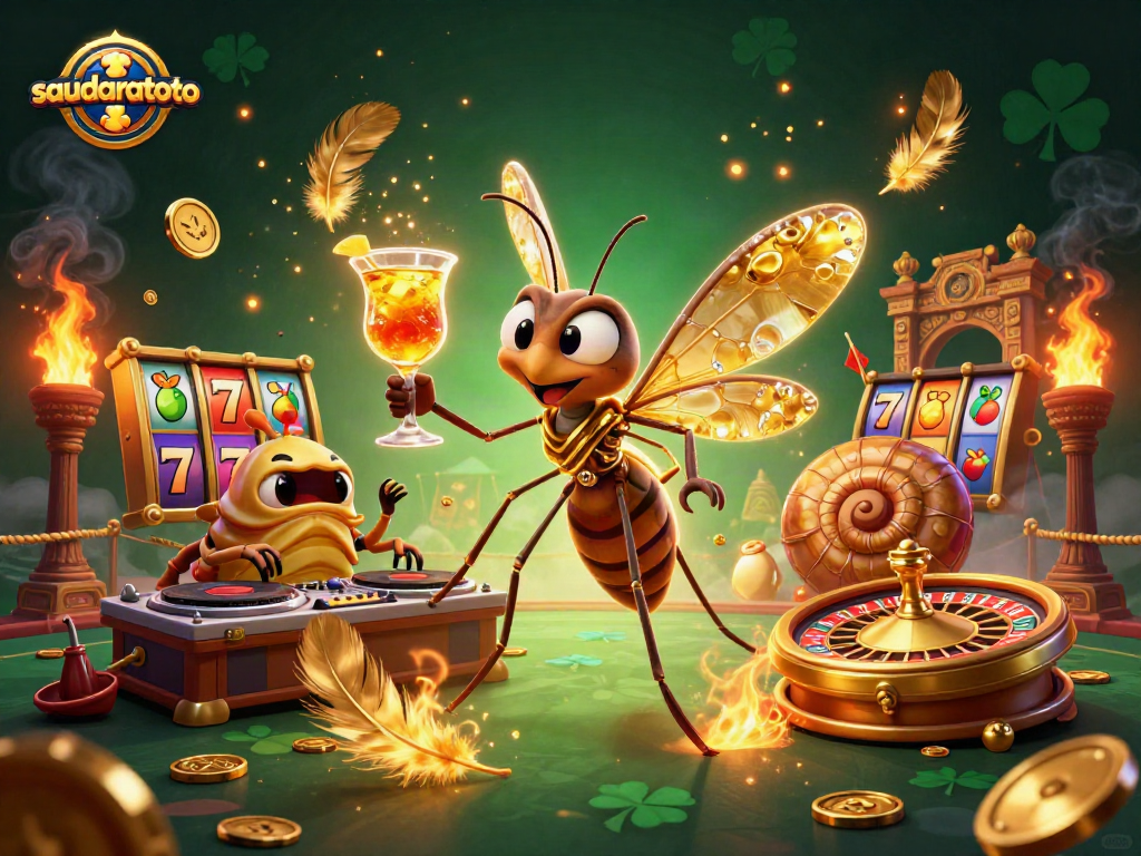 Saudaratoto menampilkan karakter kasino dinamis dengan elemen slot yang beruntung dan efek visual menarik.