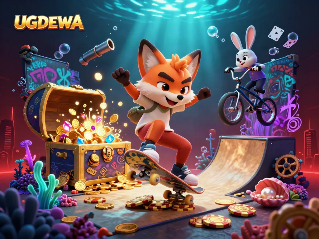 Experience thrilling gameplay with UGDEWA as a cartoon fox performs tricks over golden poker chips.