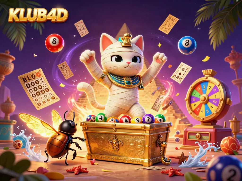 KLUB4D menghadirkan momen kemenangan dengan kucing mummy dan sayap scarab dalam ilustrasi kasino yang menarik.