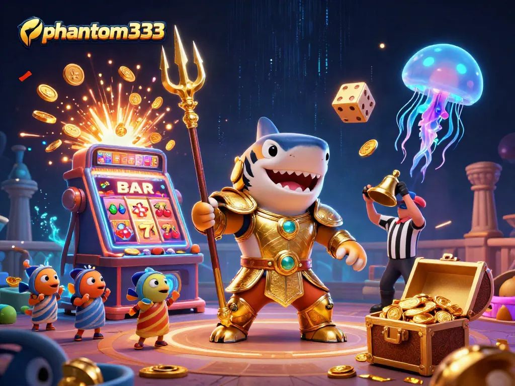 Experience thrilling wins with phantom333 in a vibrant underwater casino scene featuring dynamic gambling elements.