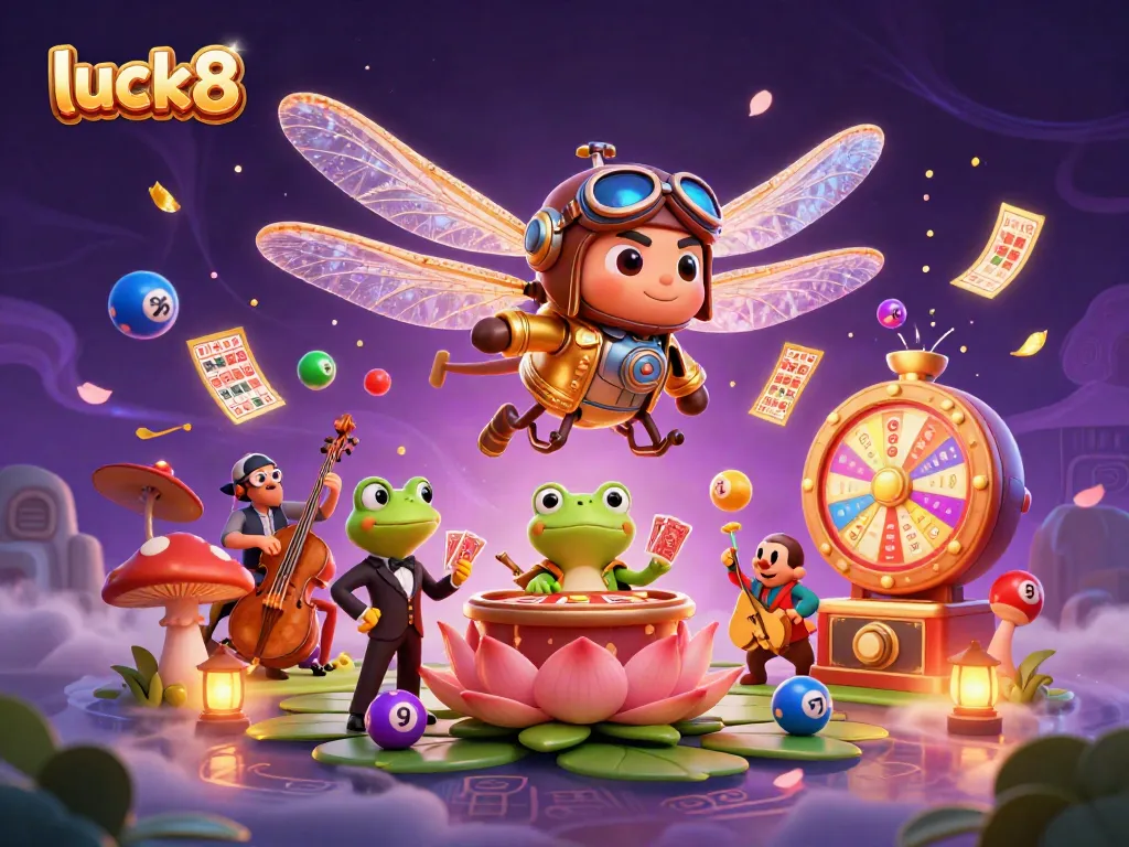 Experience dynamic gaming action at luck8 with dragonfly pilot and frog croupier in a vibrant casino scene.