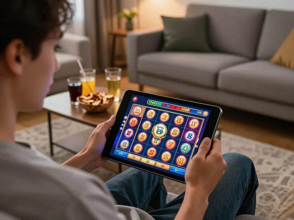 Engaged player enjoying slots on a situs gacor online platform from a cozy home setup with ambient lighting.