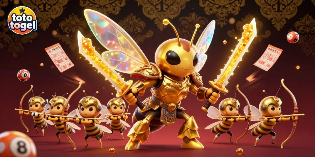 Engaging gameplay scene with toto togel elements, showcasing a giant hornet samurai and lottery visuals.