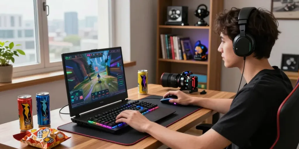 Seorang gamer asyik bermain natunatoto di ruang santai dengan laptop gaming dan camilan.