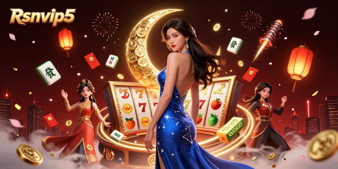 Berinteraksi dengan Rsnvip5, menampilkan seorang wanita elegan di tengah elemen permainan slot yang berwarna-warni dan simbol kosmik emas.