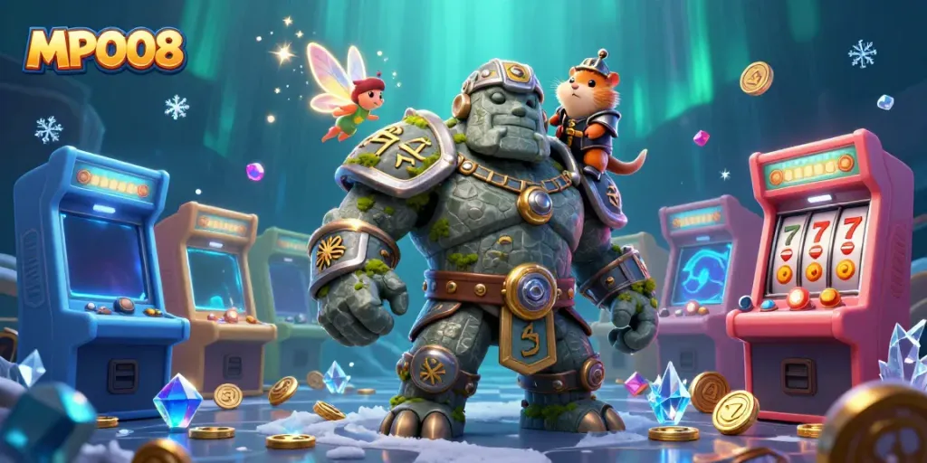 Engage with MPO08, the best online casino, featuring a magical golem and characters in a dynamic gaming scene.