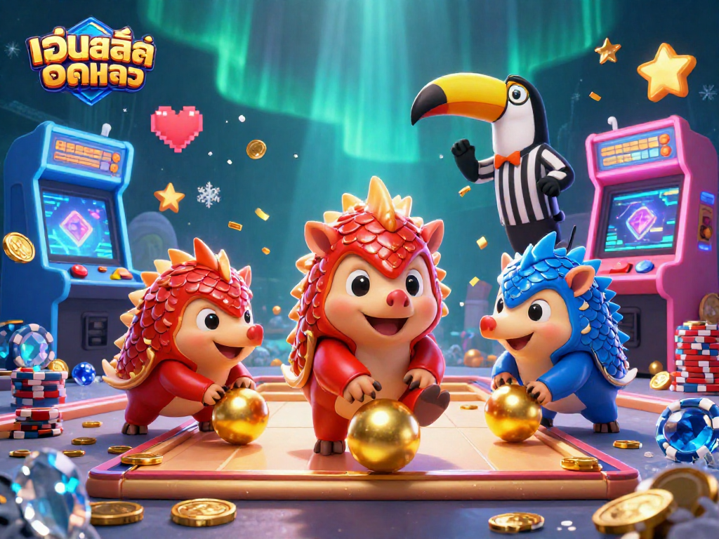 Play slot games at เว็บสล็อตตรง with engaging rival pangolins in dynamic 3D casino scene.