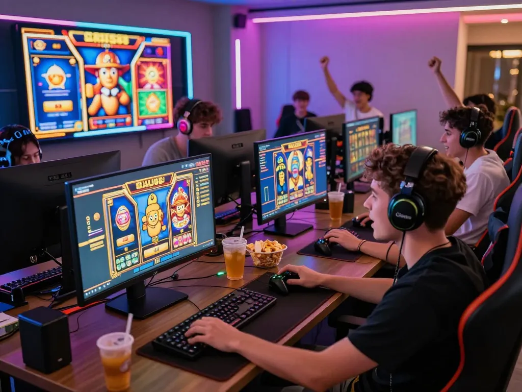 Pemain menikmati permainan slot online VIRUS88 dengan visual yang berwarna-warni dan camilan dalam suasana yang meriah.