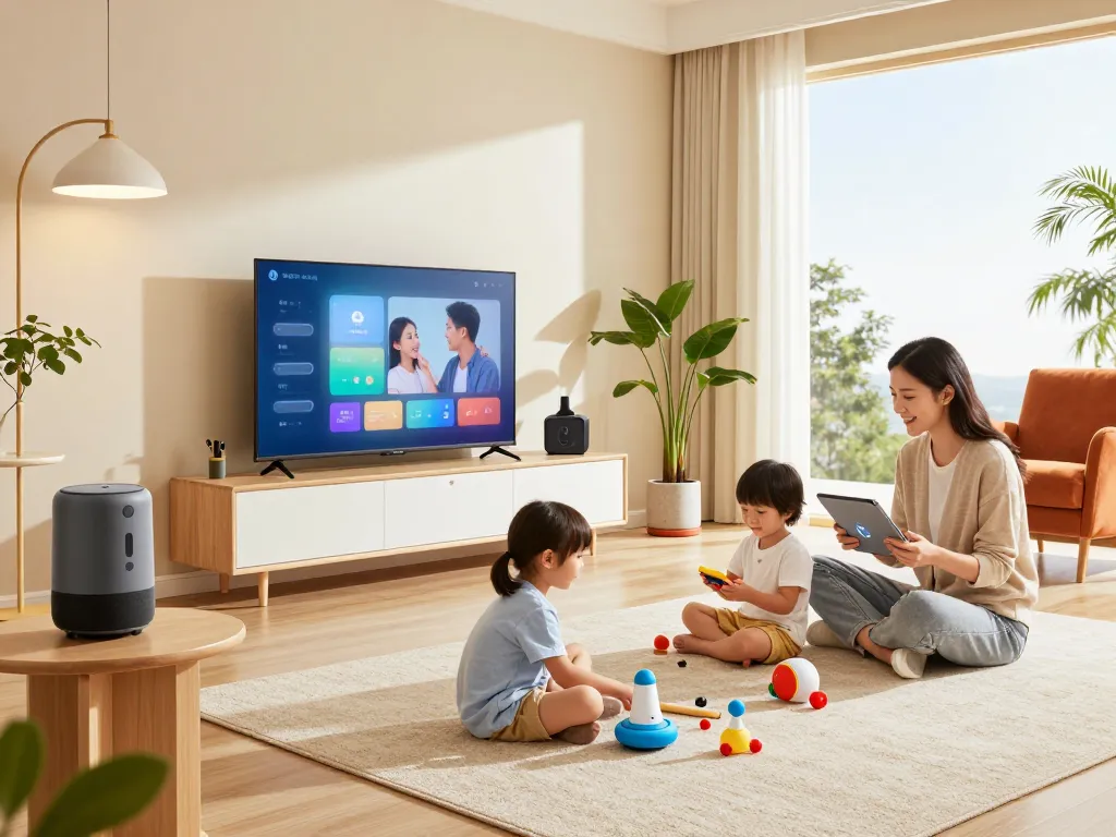 Family engaging with modern tech gadgets for home in a stylish living room.