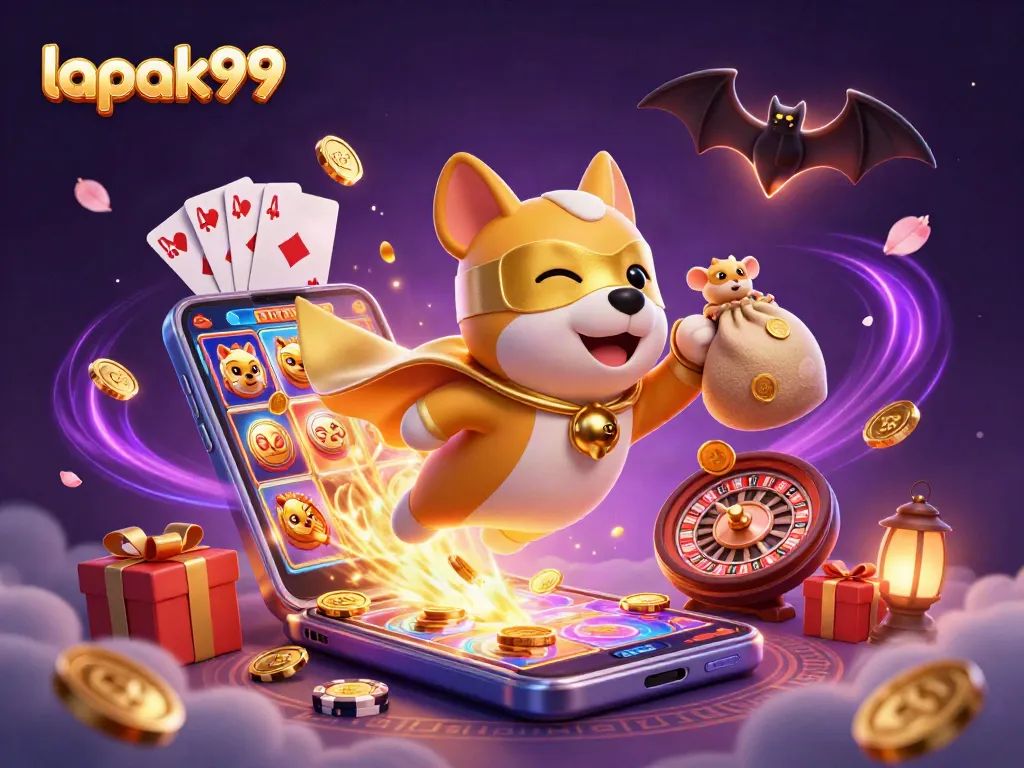 Engage with lapak99's thrilling gaming atmosphere featuring a heroic dog character and vibrant slot action.