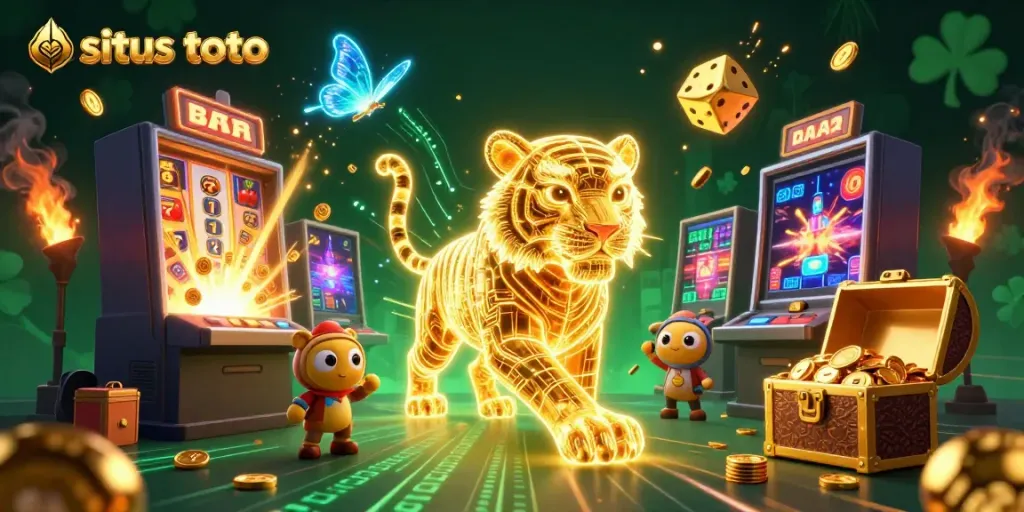 Situs toto casino scene with a neon tiger, jackpot slot machine, and dazzling gaming elements.