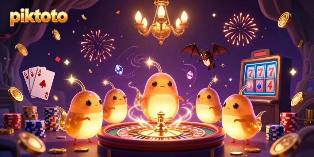 Piktoto glows in a vibrant casino scene where glowworms light up a card table, showcasing lively gambling action.
