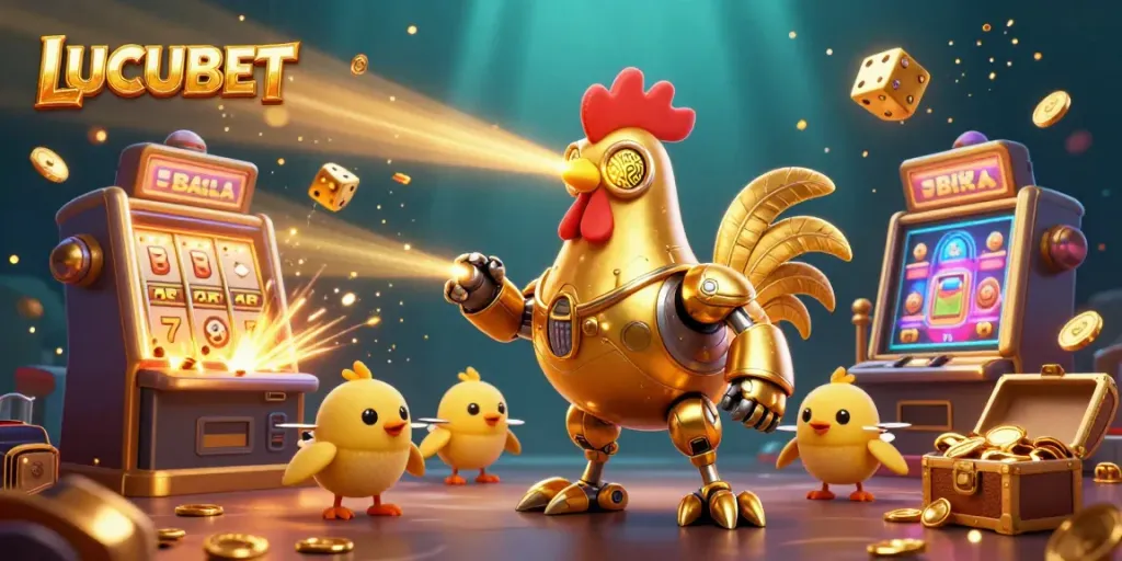 LUCUBET's vibrant online casino scene features a golden rooster robot and baby chick drones amid a jackpot explosion of coins, illustrating a dynamic gambling experience.