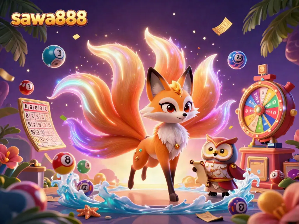 Engage with sawa888 for a vibrant lottery experience featuring colorful balls and a mystical fox spirit.