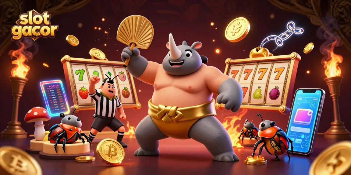 Slot gacor menampilkan juara sumo kumbang badak yang memukau dengan koin emas yang beterbangan.