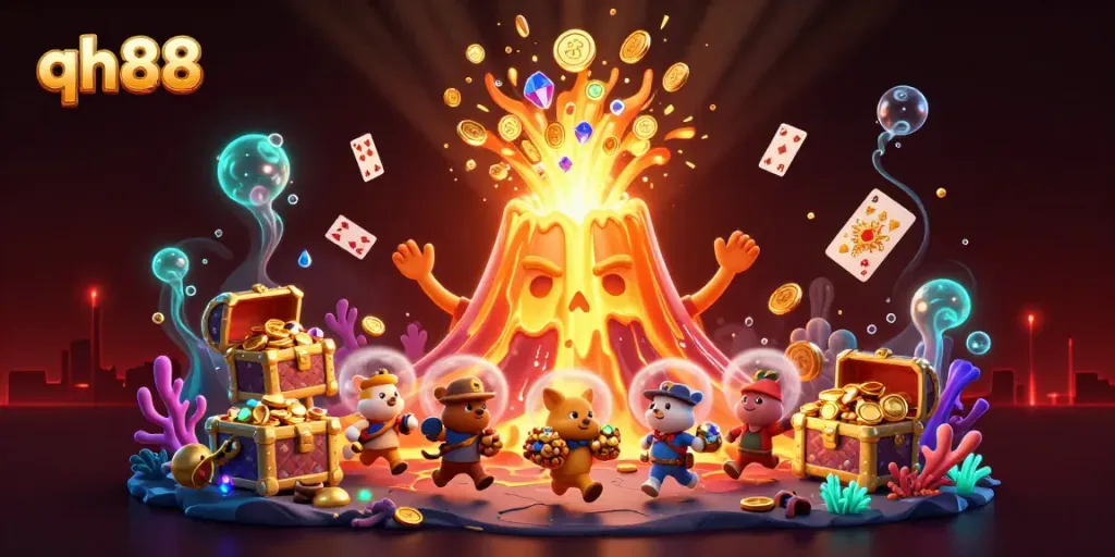 Engage with qh88's exciting gambling scene featuring a golden volcano erupting treasure amidst adventure!