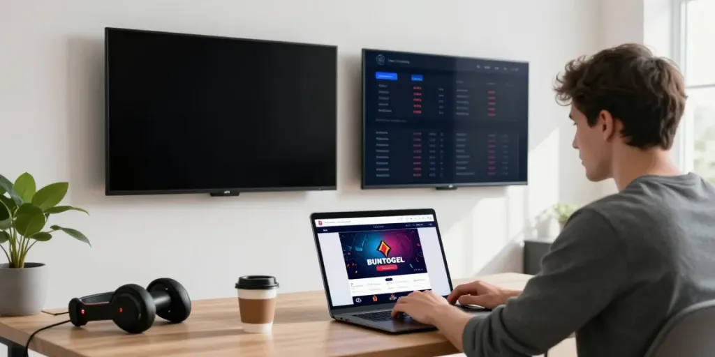 Pengguna BUNTOGEL mengakses bandar togel online melalui laptop di meja modern.