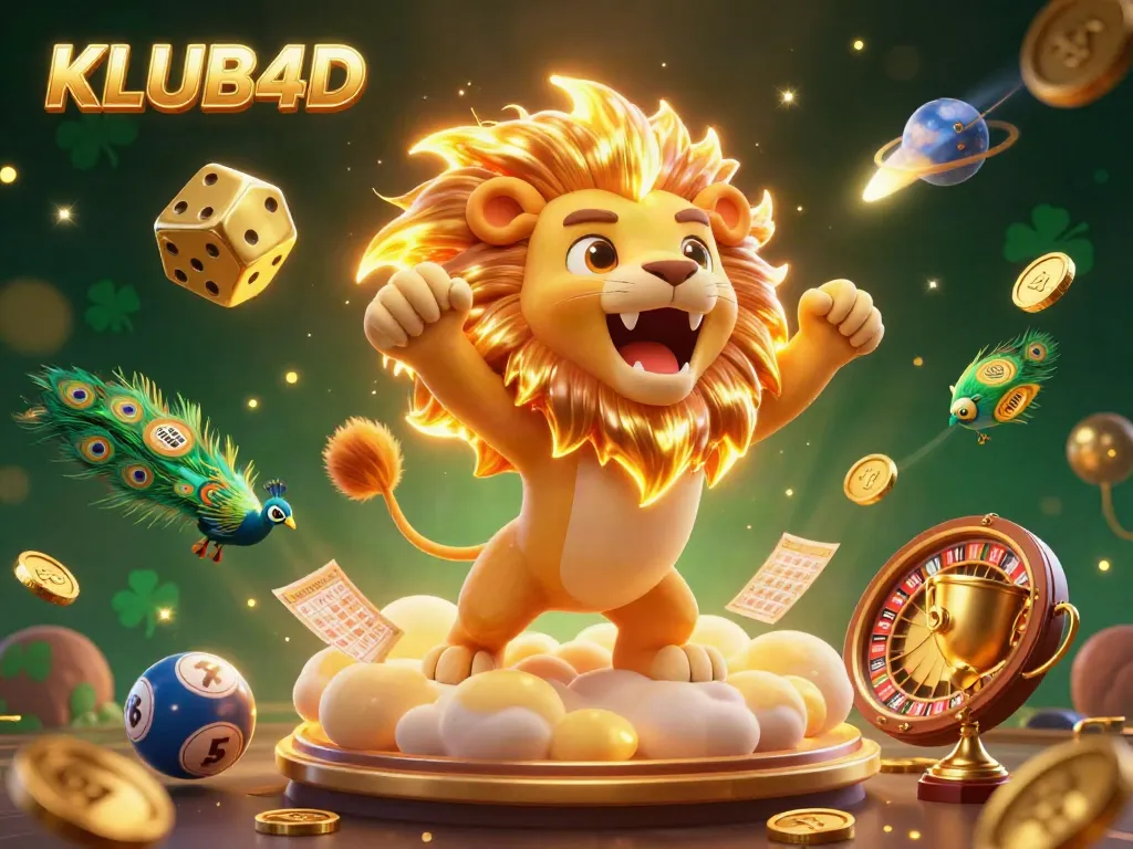 Mengaktifkan keberuntungan dengan KLUB4D di ilustrasi 3D penuh warna yang menggambarkan keberanian dan permainan togel.