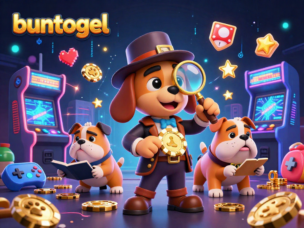 Uncover treasure clues in a vibrant gaming scene with buntogel-themed characters and casino elements.