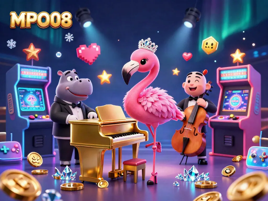 MPO08 casino scene featuring a flamingo singer and hippo bassist, surrounded by vibrant gaming elements.