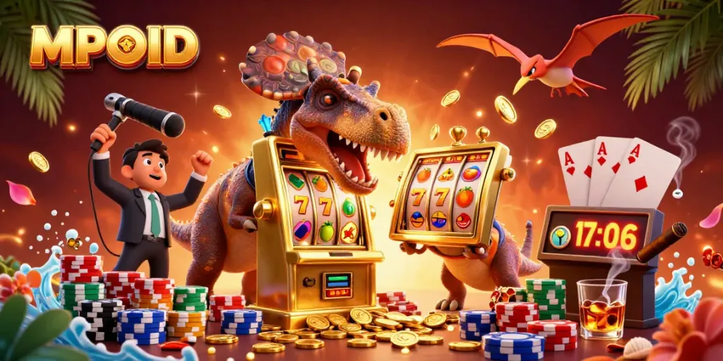 MPOID celebrates winning strategies at a colorful casino scene with dino characters and slot excitement.