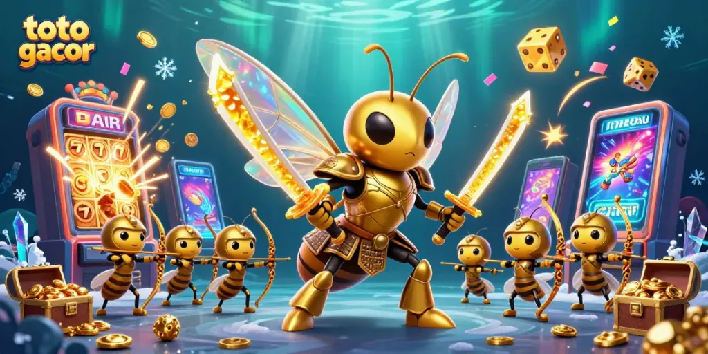 Win big in toto gacor with vibrant 3D casino scene featuring golden hornet samurai and slot machines.