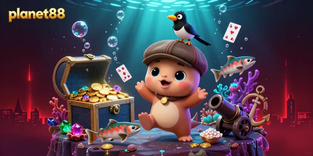 Engage in gaming excitement with planet88 as a playful cartoon Nessie and friends discover underwater treasures.