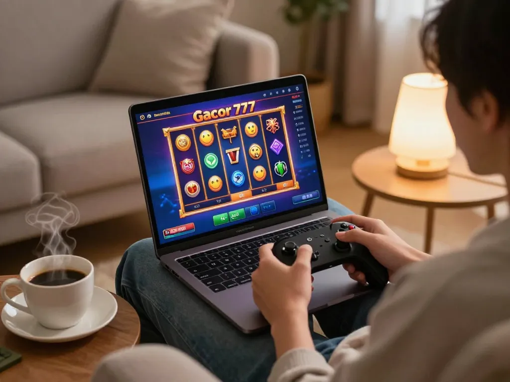 Pemain menikmati permainan slot gacor 777 di laptop dengan grafik berwarna-warni dalam suasana nyaman di rumah.