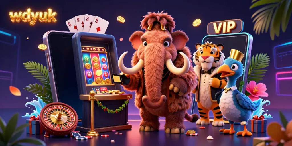Experience the excitement at wdyuk with a lively casino scene featuring unique characters and vibrant games.