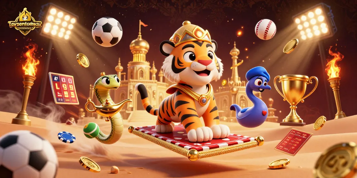 Taysentotomacau menampilkan sultan harapan dalam permainan kasino, mengelilingi bola olahraga dan elemen keemasan.