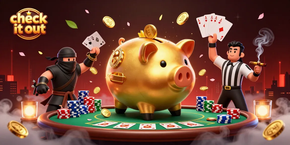 Check it out as the golden piggy bank sumo wrestler stomps and scatters coins in an intense poker showdown.