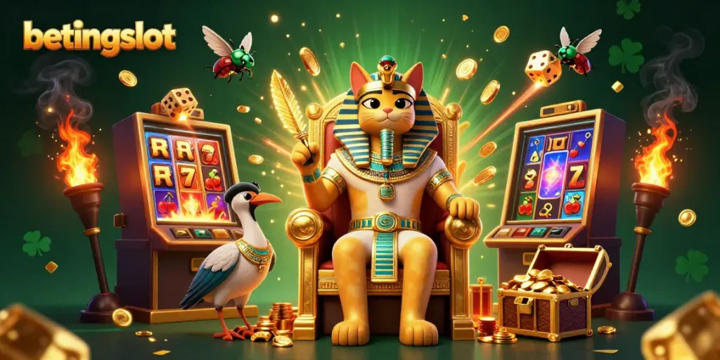 Betingslot menghadirkan pengalaman bermain dengan karakter cat firaun dan mesin slot jackpot yang memukau.