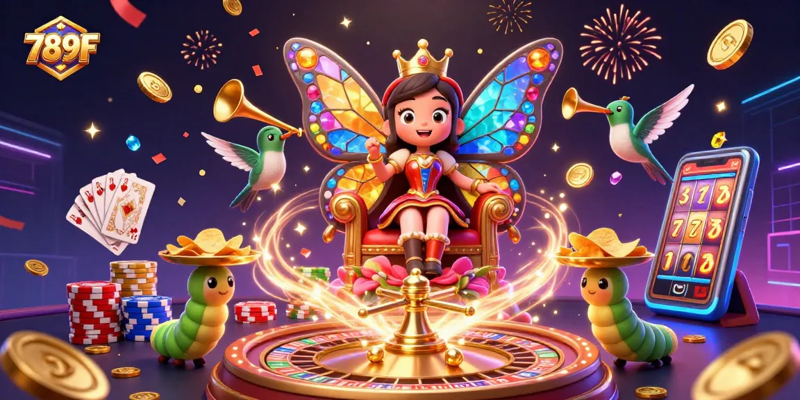 Experience the 789F magic through a vibrant casino illustration showcasing a butterfly queen and exciting game elements.