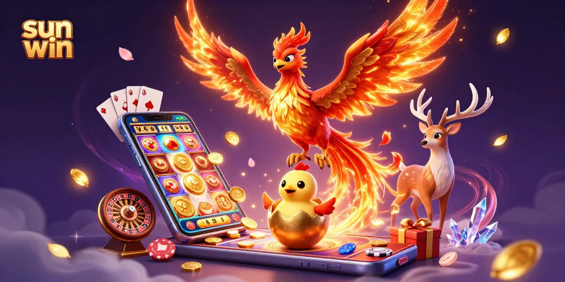 Win big on Sun Win with a vibrant phoenix, slot games, and magical casino elements.