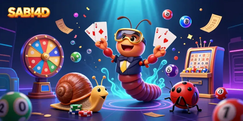 Permainan SABI4D dengan dealer kartun, bola lotere berwarna, dan suasana kasino yang menarik.