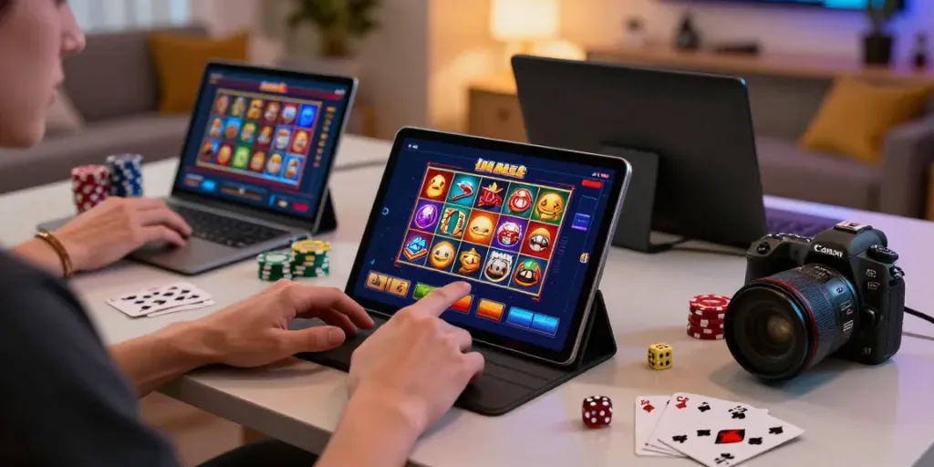 Pengguna bermain di BUKUMIMPI138 dengan suasana gaming yang ceria dan mengasyikkan.