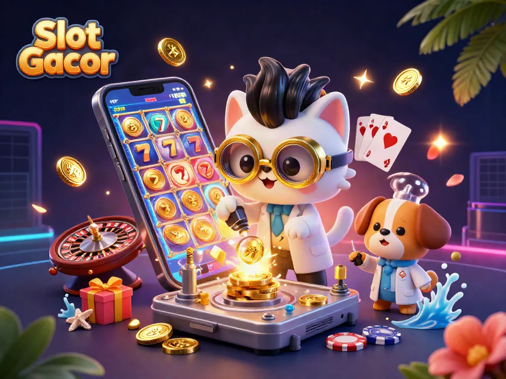 Slot Gacor menghadirkan kucing ilmuwan 3D menciptakan mesin replika koin emas dengan permainan slot berputar di sekitarnya.
