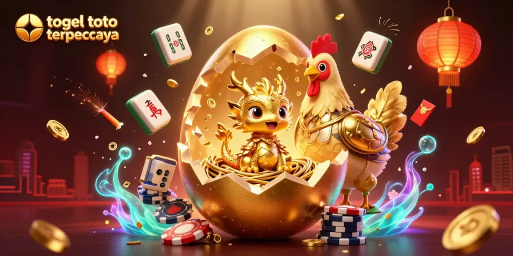 Gambaran ilustrasi 3D yang menunjukkan baby dragon emas di atas chip poker, simbol keberuntungan togel toto terpercaya.