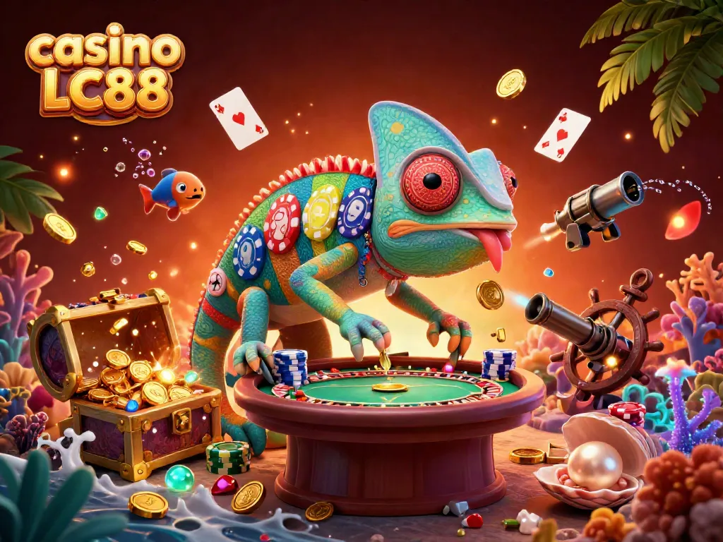 Engaging scene at casino LC88 depicting an animated chameleon casino owner collecting coins amidst dynamic game elements.