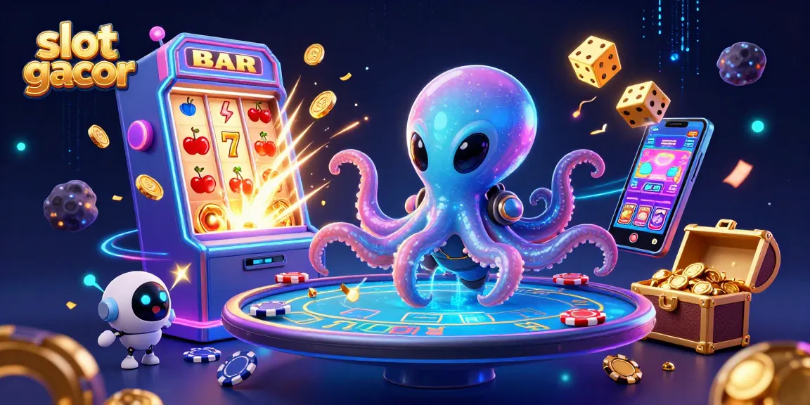 Engage with slot gacor excitement depicted by an alien octopus at a holographic poker table in a vibrant cosmic setting.