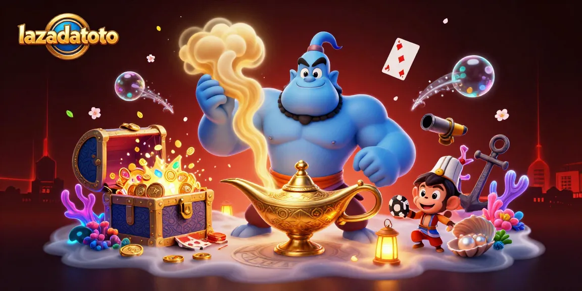 Experience the thrill of lazadatoto with vibrant 3D casino-themed artwork featuring a genie and poker elements.