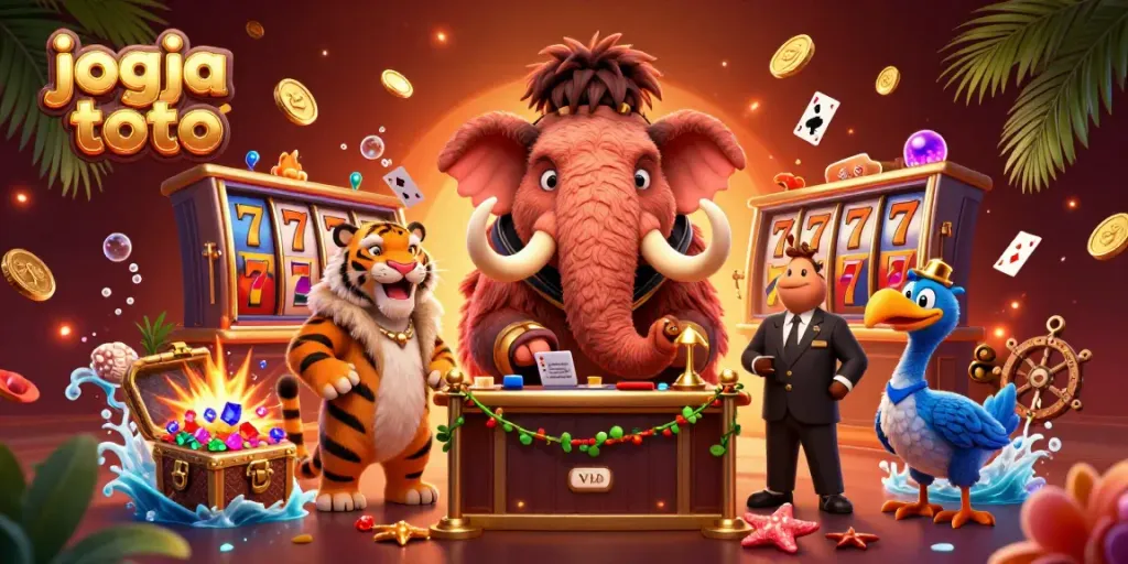 Engaging scene with a woolly mammoth bouncer, saber-tooth tiger VIP, and dodo bird doorman promoting jogja toto.