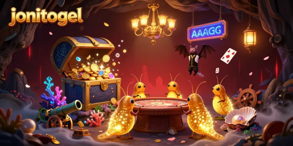 Spin to win with jonitogel as glowworms light up an exciting casino scene filled with treasures.
