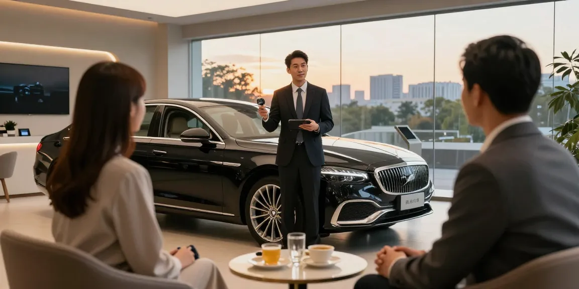 Menampilkan LUXURY 777, mobil mewah di showroom dengan detail elegan dan penjual yang profesional.